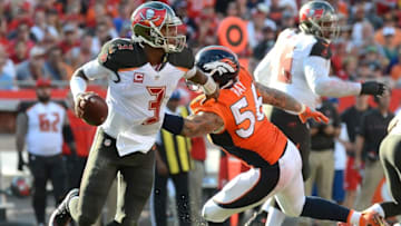 Oct 2, 2016; Tampa, FL, USA; Tampa Bay Buccaneers quarterback Jameis Winston (3) drops back to pass as Denver Broncos linebacker Shane Ray (56) defends in the first half at Raymond James Stadium. Mandatory Credit: Jonathan Dyer-USA TODAY Sports