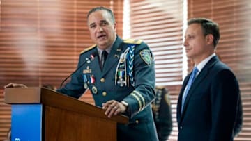 Dominican Republic's National Police Director Ney Aldrin Bautista Almonte (L) delivers a press conference next to Dominican Republic's Attorney General Jean Alain Rodriguez on the attack against former baseball player David Ortiz, in Santo Domingo, on June 12, 2019. - Three time World Series champion David Ortiz was shot in the back while at a club on June 9, 2019 in the Dominican Republic's capital. (Photo by Erika SANTELICES / AFP) (Photo credit should read ERIKA SANTELICES/AFP/Getty Images)