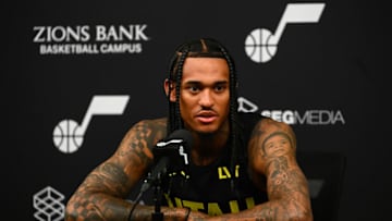SALT LAKE CITY, UTAH - OCTOBER 02: Jordan Clarkson #00 of the Utah Jazz speaks during the Utah Jazz Media Day at Zions Bank Basketball Campus on October 02, 2023 in Salt Lake City, Utah. NOTE TO USER: User expressly acknowledges and agrees that, by downloading and or using this photograph, User is consenting to the terms and conditions of the Getty Images License Agreement. (Photo by Alex Goodlett/Getty Images)