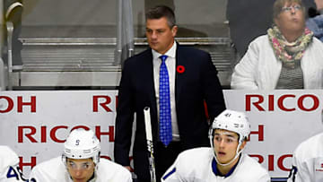 TORONTO, ON - OCTOBER 28: Head Coach Sheldon Keefe of the Toronto Marlies watches the play develop against the Laval Rocket during AHL game action on October 28, 2017 at Ricoh Coliseum in Toronto, Ontario, Canada. (Photo by Graig Abel/Getty Images)