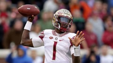CLEMSON, SC - NOVEMBER 11: James Blackman #1 of the Florida State Seminoles drops back to pass against the Clemson Tigers during their game at Memorial Stadium on November 11, 2017 in Clemson, South Carolina. (Photo by Streeter Lecka/Getty Images)