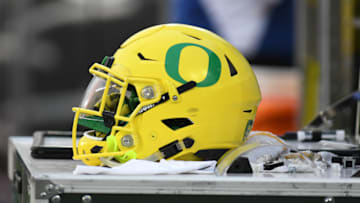 EUGENE, OR - SEPTEMBER 02: An Oregon Ducks helmet sits on an equipment box during a college football game between the Southern Utah Thunderbirds and Oregon Ducks on September 2, 2017, at Autzen Stadium in Eugene, OR. (Photo by Brian Murphy/Icon Sportswire via Getty Images)