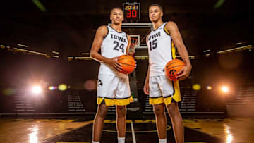 Kris Murray and Keegan Murray stand for a photo during Iowa Men's basketball media day at Carver Hawkeye Arena, Monday, Oct. 11, 2021.Hawkbkb38 Jpg