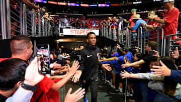 LOS ANGELES, CA - APRIL 18: Shai Gilgeous-Alexander #2 of the LA Clippers is introduced prior to the game against the Golden State Warriors during Game Three of Round One of the 2019 NBA Playoffs on April 18, 2019 at STAPLES Center in Los Angeles, California. NOTE TO USER: User expressly acknowledges and agrees that, by downloading and/or using this Photograph, user is consenting to the terms and conditions of the Getty Images License Agreement. Mandatory Copyright Notice: Copyright 2019 NBAE (Photo by Adam Pantozzi/NBAE via Getty Images)