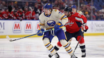 Mar 25, 2022; Buffalo, New York, USA; Buffalo Sabres right wing Tage Thompson (72) looks for the puck during the second period against the Washington Capitals at KeyBank Center. Mandatory Credit: Timothy T. Ludwig-USA TODAY Sports