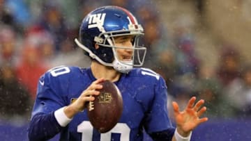 Dec 29, 2013; East Rutherford, NJ, USA; New York Giants quarterback Eli Manning (10) drops back to pass against the Washington Redskins during a game at MetLife Stadium. The Giants defeated the Redskins 20-6. Mandatory Credit: Brad Penner-USA TODAY Sports