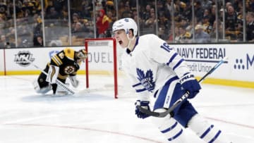 BOSTON, MA - APRIL 11: Toronto Maple Leafs right wing Mitchell Marner (16) reacts to his penalty shot goal during Game 1 of the First Round between the Boston Bruins and the Toronto Maple Leafs on April 11, 2019, at TD Garden in Boston, Massachusetts. (Photo by Fred Kfoury III/Icon Sportswire via Getty Images)