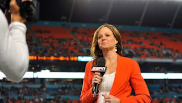 Nov 29, 2014; Miami Gardens, FL, USA; ESPN sideline reporter Shannon Spake prior to a game between the Pittsburgh Panthers and the Miami Hurricanes at Sun Life Stadium. Mandatory Credit: Steve Mitchell-USA TODAY Sports