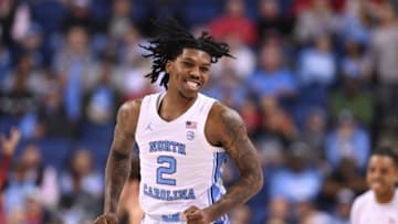 Mar 8, 2023; Greensboro, NC, USA; North Carolina Tar Heels guard Caleb Love (2) reacts in the first half of the second round at Greensboro Coliseum. Mandatory Credit: Bob Donnan-USA TODAY Sports