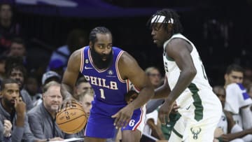 James Harden, Philadelphia 76ers and Jrue Holiday, Milwaukee Bucks. (Photo by Tim Nwachukwu/Getty Images)
