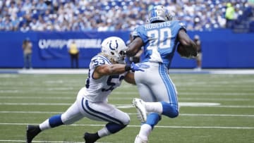 INDIANAPOLIS, IN - AUGUST 13: Edwin Jackson #53 of the Indianapolis Colts makes a tackle against Michael Roberts #80 of the Detroit Lions in the first half of a preseason game at Lucas Oil Stadium on August 13, 2017 in Indianapolis, Indiana. (Photo by Joe Robbins/Getty Images)