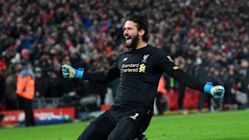 LIVERPOOL, ENGLAND - JANUARY 19: Alisson Becker of Liverpool celebrates victory after the Premier League match between Liverpool FC and Manchester United at Anfield on January 19, 2020 in Liverpool, United Kingdom. (Photo by Michael Regan/Getty Images)