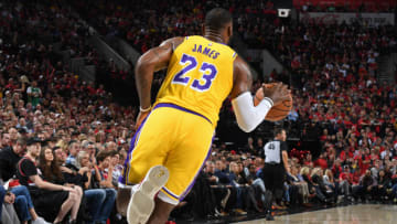 PORTLAND, OR - OCTOBER 18: LeBron James #23 of the Los Angeles Lakers dribbles the ball up court against the Portland Trail Blazers on October 18, 2018 at the Moda Center Arena in Portland, Oregon. NOTE TO USER: User expressly acknowledges and agrees that, by downloading and or using this photograph, user is consenting to the terms and conditions of the Getty Images License Agreement. Mandatory Copyright Notice: Copyright 2018 NBAE (Photo by Andrew D. Bernstein/NBAE via Getty Images)