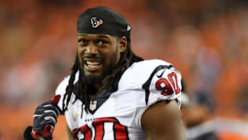 Oct 24, 2016; Denver, CO, USA; Houston Texans defensive end Jadeveon Clowney (90) during the third quarter against the Denver Broncos at Sports Authority Field at Mile High. Mandatory Credit: Ron Chenoy-USA TODAY Sports