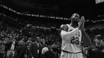 SAN ANTONIO, TX - JANUARY 23: (EDITORS NOTE: This image has been converted to black and white) LeBron James