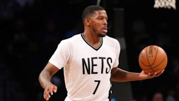 Jan 22, 2016; Brooklyn, NY, USA; Brooklyn Nets forward Joe Johnson (7) advances the ball during the first quarter against the Utah Jazz at Barclays Center. Mandatory Credit: Anthony Gruppuso-USA TODAY Sports