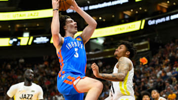 Josh Giddey #3 of the Oklahoma City Thunder shoots during a NBA Summer League game against the Utah Jazz at Vivint Arena on July 05, 2022 in Salt Lake City, Utah. (Photo by Alex Goodlett/Getty Images)