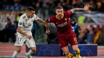 ROME, ITALY - NOVEMBER 27: Lucas Vazquez of Real Madrid, Aleksandar Kolarov of AS Roma during the UEFA Champions League match between AS Roma v Real Madrid at the Stadio Olimpico Rome on November 27, 2018 in Rome Italy (Photo by David S. Bustamante/Soccrates/Getty Images)