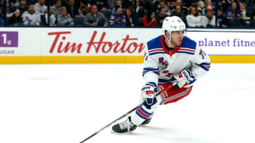COLUMBUS, OH - DECEMBER 5: Tony DeAngelo #77 of the New York Rangers controls the puck during the game against the Columbus Blue Jackets on December 5, 2019 at Nationwide Arena in Columbus, Ohio. (Photo by Kirk Irwin/Getty Images)