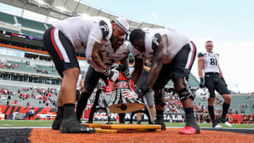 Cincinnati Bearcats ring the Victory Bell after the victory over the Miami Redhawks at Paycor Stadium. USA Today.