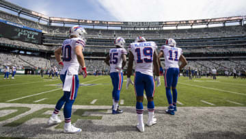 EAST RUTHERFORD, NJ - SEPTEMBER 08: Buffalo Bills offensive players warms up before the game against the New York Jets at MetLife Stadium on September 8, 2019 in East Rutherford, New Jersey. Buffalo defeats New York 17-16. (Photo by Brett Carlsen/Getty Images)
