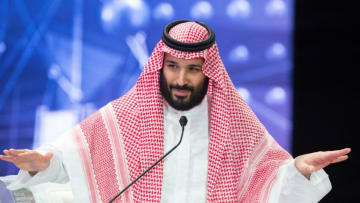 RIYADH, SAUDI ARABIA - OCTOBER 24: (----EDITORIAL USE ONLY MANDATORY CREDIT - "BANDAR ALGALOUD / SAUDI KINGDOM COUNCIL / HANDOUT" - NO MARKETING NO ADVERTISING CAMPAIGNS - DISTRIBUTED AS A SERVICE TO CLIENTS----) Crown Prince of Saudi Arabia Mohammad bin Salman speaks during the second day of 'The Future Investment Initiative also known as an annual investment forum "Davos in the Desert" on October 24, 2018 in Riyadh, Saudi Arabia. (Photo by Bandar Algaloud / Saudi Kingdom Council / Handout/Anadolu Agency/Getty Images)