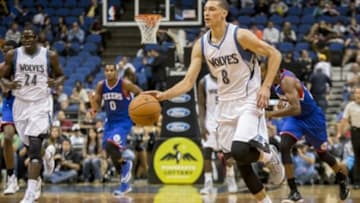 Oct 10, 2014; Minneapolis, MN, USA; Minnesota Timberwolves guard Zach LaVine (8) dribbles up the court against the Philadelphia 76ers in the fourth quarter at Target Center. The Timberwolves win 116-110. Mandatory Credit: Bruce Kluckhohn-USA TODAY Sports