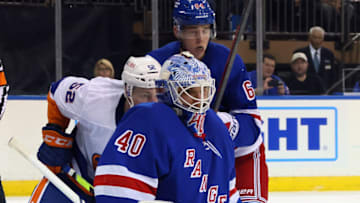 NEW YORK, NEW YORK - SEPTEMBER 26: Alexandar Georgiev #40 of the New York Rangers skates against the New York Islanders in a preseason game at Madison Square Garden on September 26, 2021 in New York City. The Islanders shutout the Rangers 4-0. (Photo by Bruce Bennett/Getty Images)