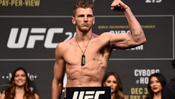 LAS VEGAS, NV - DECEMBER 29: Dan Hooker of New Zealand poses on the scale during the UFC 219 weigh-in inside T-Mobile Arena on December 29, 2017 in Las Vegas, Nevada. (Photo by Jeff Bottari/Zuffa LLC/Zuffa LLC via Getty Images)