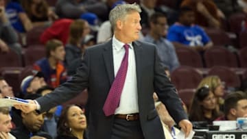 Nov 1, 2016; Philadelphia, PA, USA; Philadelphia 76ers head coach Brett Brown during the second half against the Orlando Magic at Wells Fargo Center. The Orlando Magic won 103-101. Mandatory Credit: Bill Streicher-USA TODAY Sports
