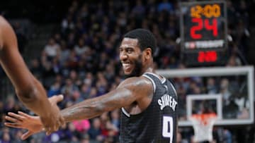 SACRAMENTO, CA - FEBRUARY 4: Iman Shumpert #9 of the Sacramento Kings smiles during the game against the San Antonio Spurs on February 4, 2019 at Golden 1 Center in Sacramento, California. NOTE TO USER: User expressly acknowledges and agrees that, by downloading and or using this photograph, User is consenting to the terms and conditions of the Getty Images Agreement. Mandatory Copyright Notice: Copyright 2019 NBAE (Photo by Rocky Widner/NBAE via Getty Images)