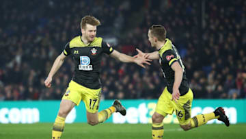 LONDON, ENGLAND - JANUARY 21: Stuart Armstrong of Southampton celebrates with James Ward-Prowse of Southampton after scoring his sides second goal during the Premier League match between Crystal Palace and Southampton FC at Selhurst Park on January 21, 2020 in London, United Kingdom. (Photo by Bryn Lennon/Getty Images)