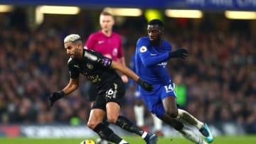 LONDON, ENGLAND - JANUARY 13: Riyad Mahrez of Leicester City is put under pressure by Tiemoue Bakayoko of Chelsea during the Premier League match between Chelsea and Leicester City at Stamford Bridge on January 13, 2018 in London, England. (Photo by Clive Rose/Getty Images)