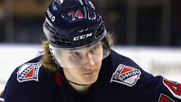 NEW YORK, NEW YORK - APRIL 08: Vitali Kravtsov #74 of the New York Rangers skates against the Pittsburgh Penguins at Madison Square Garden on April 08, 2021 in New York City. The Penguins defeated the Rangers 5-2. (Photo by Bruce Bennett/Getty Images)