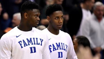 Duke basketball players Zion Williamson and RJ Barrrett (Photo by Lance King/Getty Images)