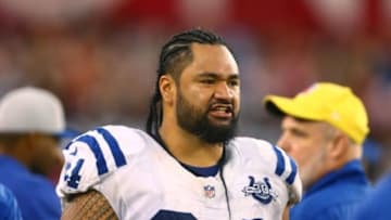 Nov 24, 2013; Phoenix, AZ, USA; Indianapolis Colts center Samson Satele (64) against the Arizona Cardinals at University of Phoenix Stadium. The Cardinals defeated the Colts 40-11. Mandatory Credit: Mark J. Rebilas-USA TODAY Sports