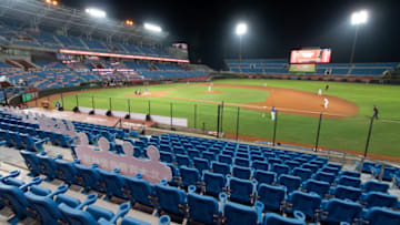 TAOYUAN, TAIWAN - APRIL 17: A view of the closed the game between Rakuten Monkeys and Fubon Guardians at Taoyuan International Baseball Stadium on April 17, 2020 in Taoyuan, Taiwan. Due to the COVID-19,31 th CPBL Season play a closed door game,no audience were allow to join,only few staffs and press member can enter the game. (Photo by Gene Wang/Getty Images)