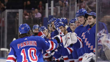 NEW YORK, NEW YORK - SEPTEMBER 18: Artemi Panarin #10 of the New York Rangers celebrates his second period goal against the New Jersey Devils at Madison Square Garden on September 18, 2019 in New York City. (Photo by Bruce Bennett/Getty Images)