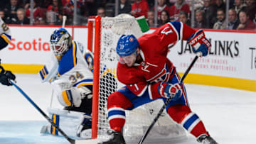 MONTREAL, QC - OCTOBER 20: Montreal Canadiens attempt near goaltender Jake Allen. (Photo by Minas Panagiotakis/Getty Images)