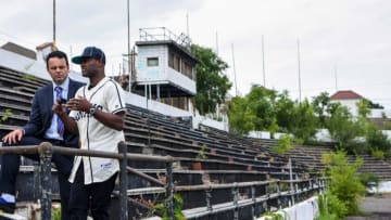 Harold Reynolds, former MLB player and television analyst for MLB Network and Fox Sports, is named the Ambassador of Hinchliffe Stadium by Paterson Mayor André Sayegh at the stadium in Paterson on Thursday August 13, 2020.Hinchliffe Stadium