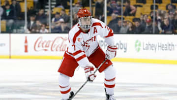 BOSTON, MA - MARCH 17: Boston University Terriers defenseman Charlie McAvoy (7) holds the puck on the power play during a Hockey East semifinal between the Boston University Terriers and the Boston College Eagles on March 17, 2017 at TD Garden in Boston, Massachusetts. The Eagles defeated the Terriers 3-2. (Photo by Fred Kfoury III/Icon Sportswire via Getty Images)