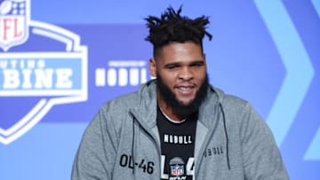 INDIANAPOLIS, IN - MARCH 04: Offensive lineman O'Cyrus Torrence of Florida speaks to the media during the NFL Combine at Lucas Oil Stadium on March 4, 2023 in Indianapolis, Indiana. (Photo by Michael Hickey/Getty Images)