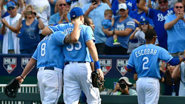 Kansas City Royals designated hitter Mike Moustakas (8), Royals first baseman Eric Hosmer (35), and Royals shortstop Alcides Escobar (2) leave the field during a Major League interleague baseball game between the Arizona Diamondbacks and the Kansas City Royals on October 01, 2017, at Kauffman Stadium, Kansas City, Mo. (Photo by Keith Gillett/Icon Sportswire via Getty Images)