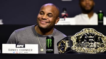 BROOKLYN, NEW YORK - APRIL 06: Daniel Cormier interacts with media during the UFC press conference inside Barclays Center on April 6, 2018 in Brooklyn, New York. (Photo by Jeff Bottari/Zuffa LLC/Zuffa LLC via Getty Images)
