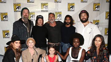 SAN DIEGO, CALIFORNIA - JULY 19: (L-R back) Ryan Hurst, Norman Reedus, Jeffrey Dean Morgan, Avi Nash and Cooper Andrews (L-R front) Nadia Hilker, Melissa McBride, Cailey Fleming, Danai Gurira and Eleanor Matsuura attend The Walking Dead Panel at Comic Con 2019 on July 19, 2019 in San Diego, California. (Photo by Jesse Grant/Getty Images for AMC)