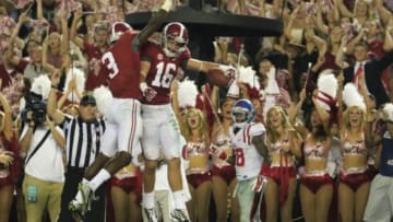 Sep 19, 2015; Tuscaloosa, AL, USA; Alabama Crimson Tide wide receiver Richard Mullaney celebrates with wide receiver Calvin Ridley (3) after Mullet scored against the Mississippi Rebels at Bryant-Denny Stadium. Mandatory Credit: Marvin Gentry-USA TODAY Sports