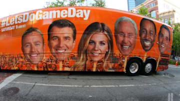 Sep 5, 2015; Fort Worth, TX, USA; The traveling bus of ESPN College GameDay parked in downtown Fort Worth during the live broadcast at Sundance Square. Mandatory Credit: Ray Carlin-USA TODAY Sports