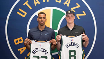 SALT LAKE CITY, UT - JULY 18: Jonas Jerebko #8 and Thabo Sefolosha #22 of the Utah Jazz attend a press conference after signing with the Utah Jazz at Grand America Hotel on July 18, 2017 in Salt Lake City, Utah. Mandatory Copyright Notice: Copyright 2017 NBAE (Photo by Keith Johnson/NBAE via Getty Images)