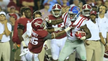 Sep 19, 2015; Tuscaloosa, AL, USA; Mississippi Rebels wide receiver Laquon Treadwell (1) pushes away Alabama Crimson Tide defensive back Marlon Humphrey (26) at Bryant-Denny Stadium. The Rebels defeated the Tide 43-37. Mandatory Credit: Marvin Gentry-USA TODAY Sports