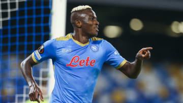 DIEGO ARMANDO MARADONA STADIUM, NAPOLI, CAMPANIA, ITALY - 2021/10/21: SSC Napoli's Nigerian striker Victor Osimhen celebrates after scoring a goal during europa league match SSC Napoli - Legia Warsaw. Napoli won 3-0. (Photo by Antonio Balasco/KONTROLAB/LightRocket via Getty Images)